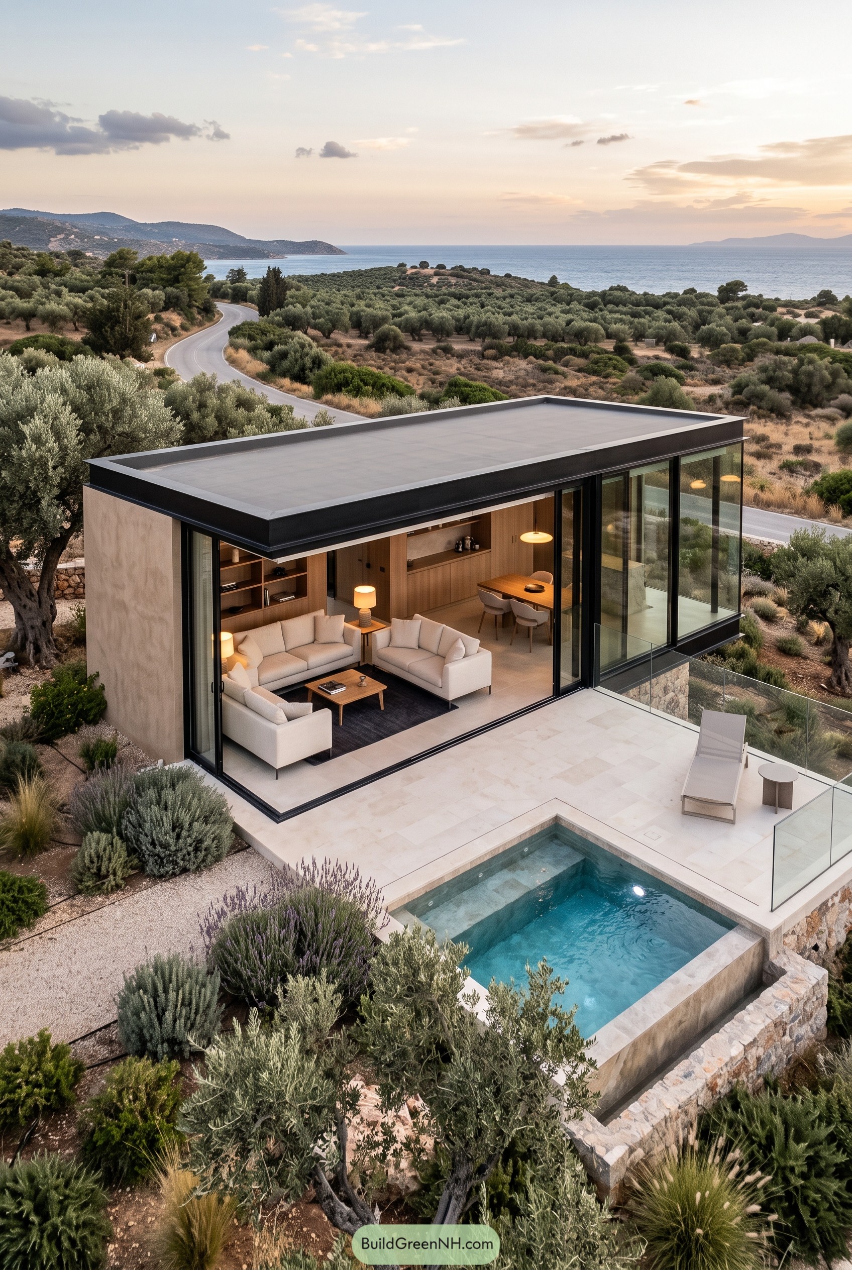 Modern glass cabin with pool and sea view