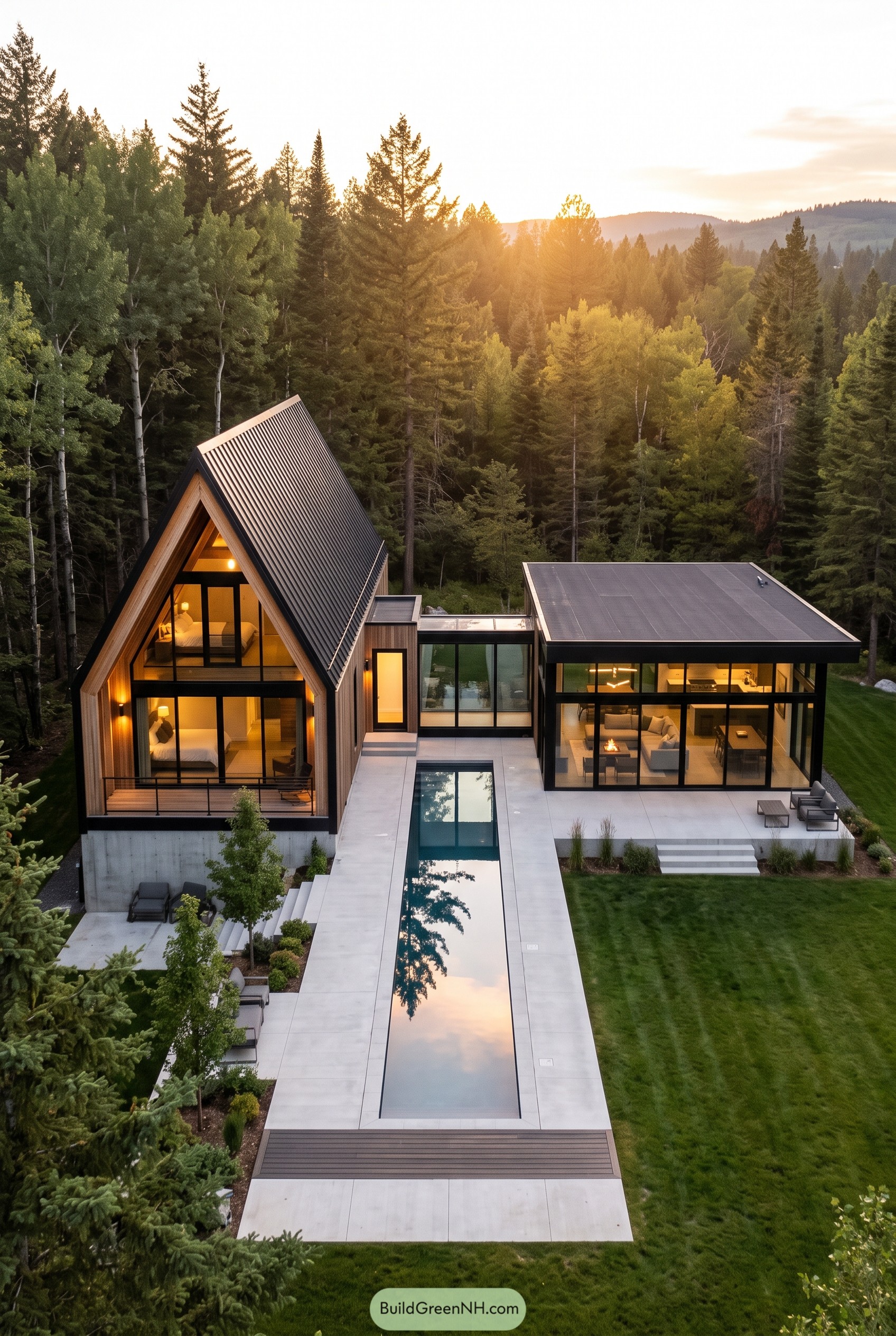 Modern forest cabin with lap pool at sunset