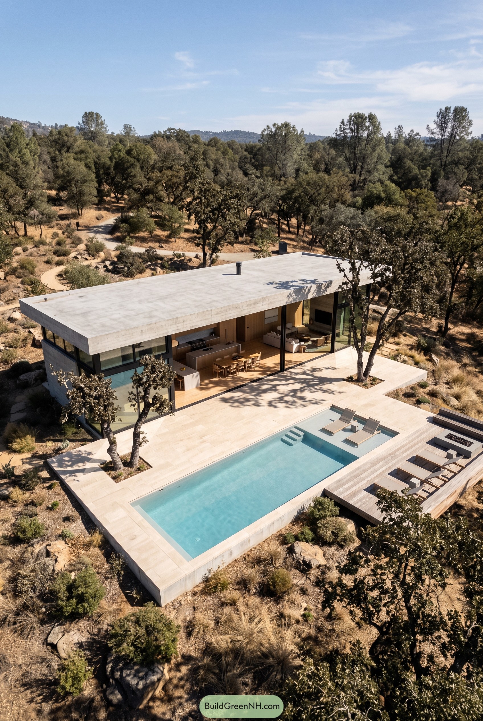 Modern glass cabin with pool in dry oak woodland