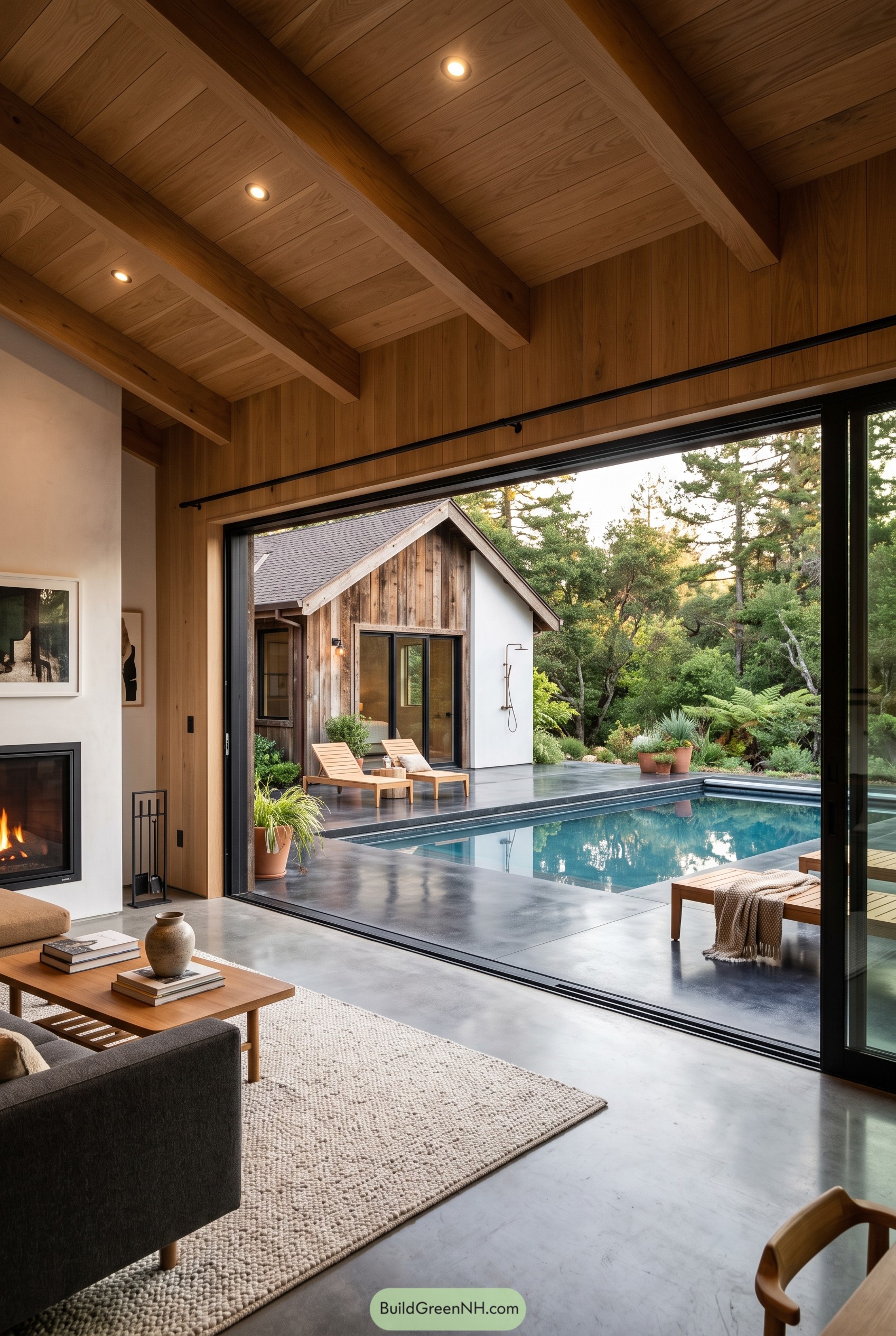Timber cabin lounge opening to a forest pool