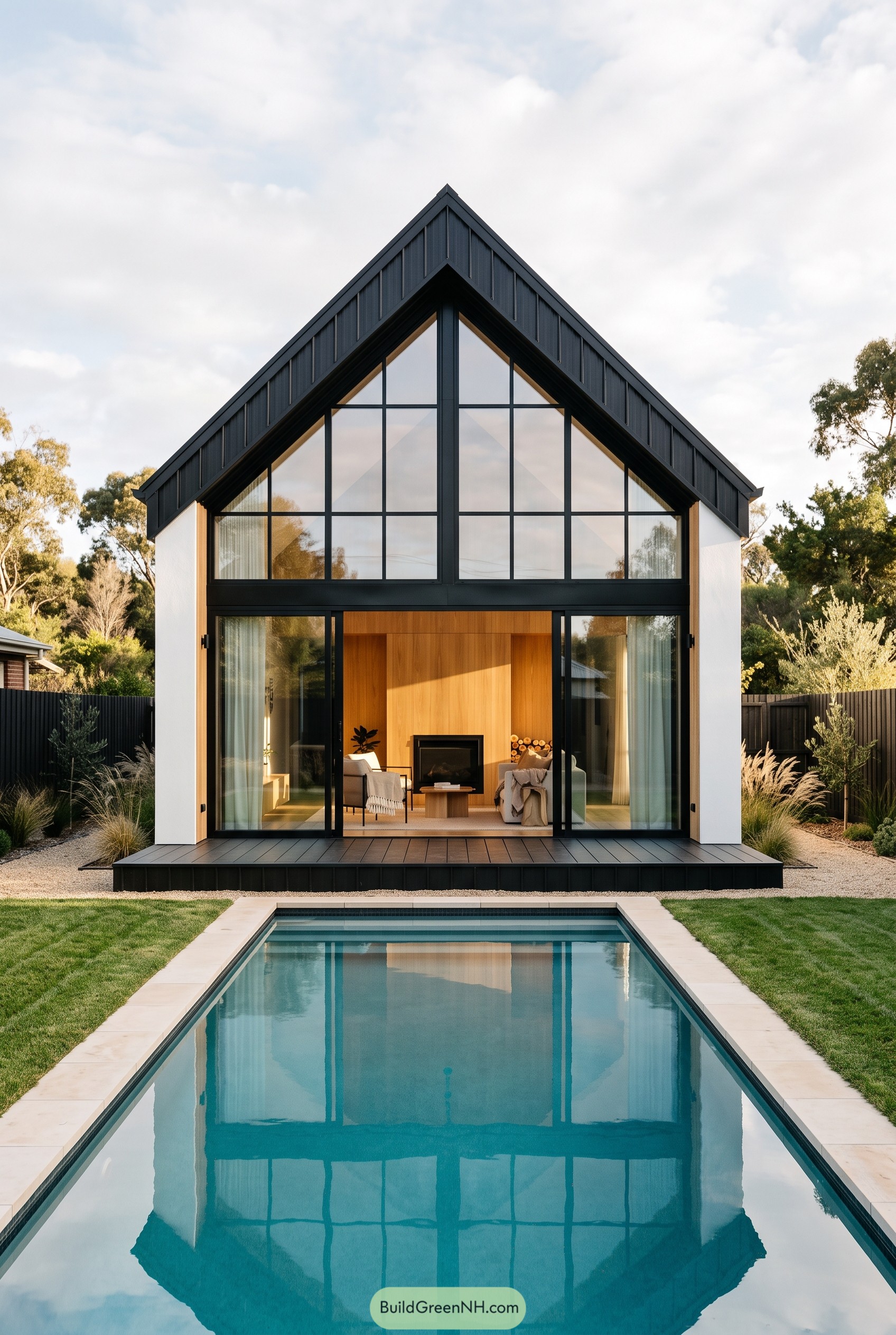 Modern gabled cabin with pool