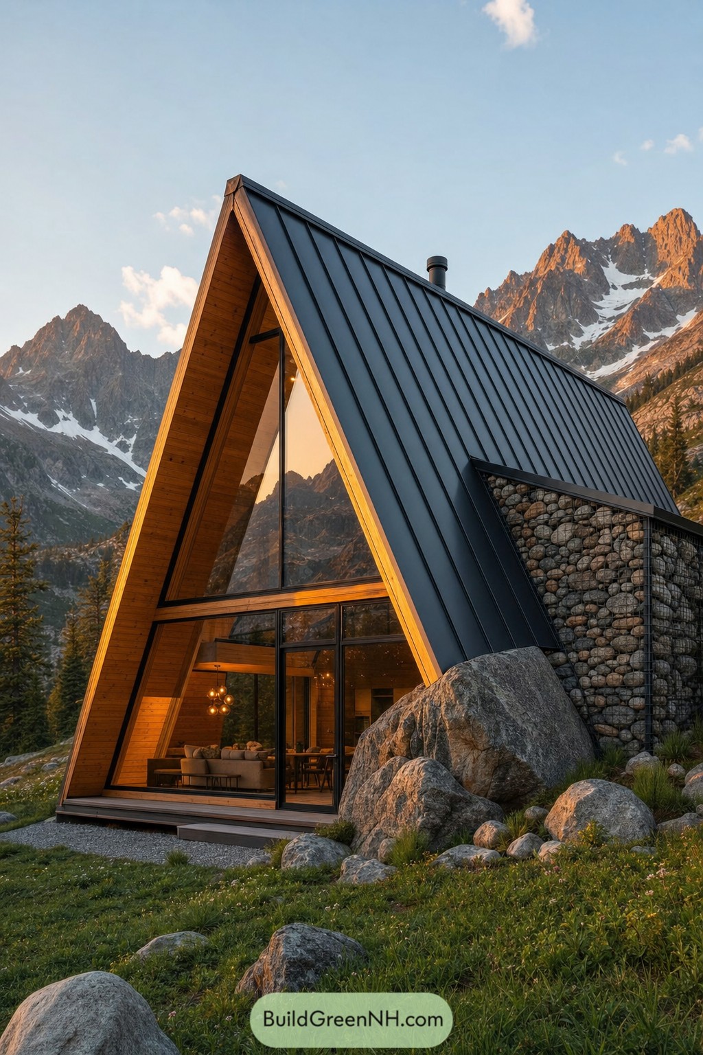 Modern A frame cabin with stone wall and boulders