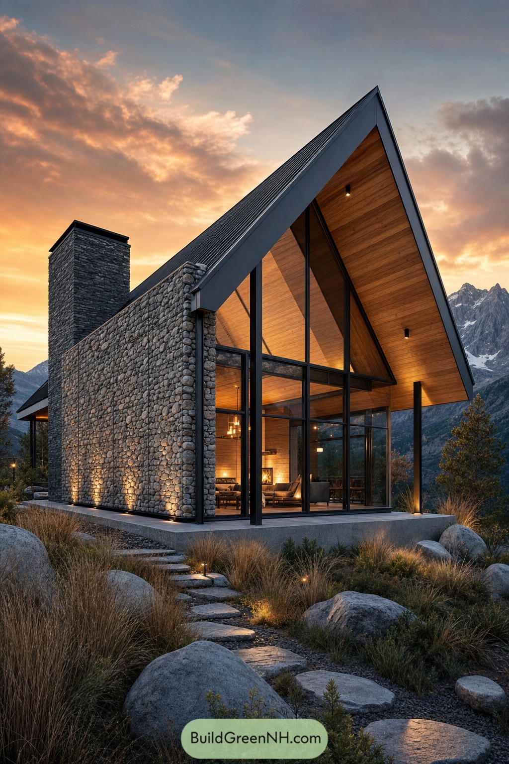 Modern gable cabin with rounded stone walls and mountain views