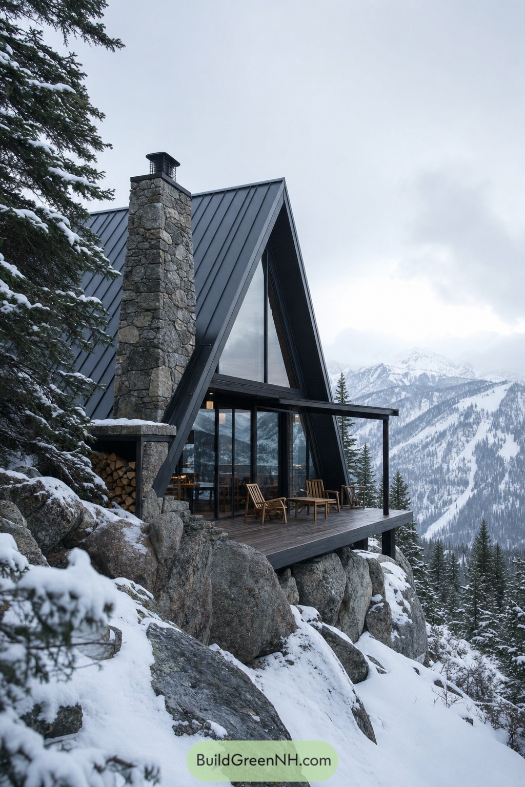 A-frame cabin with stone chimney above snowy boulders