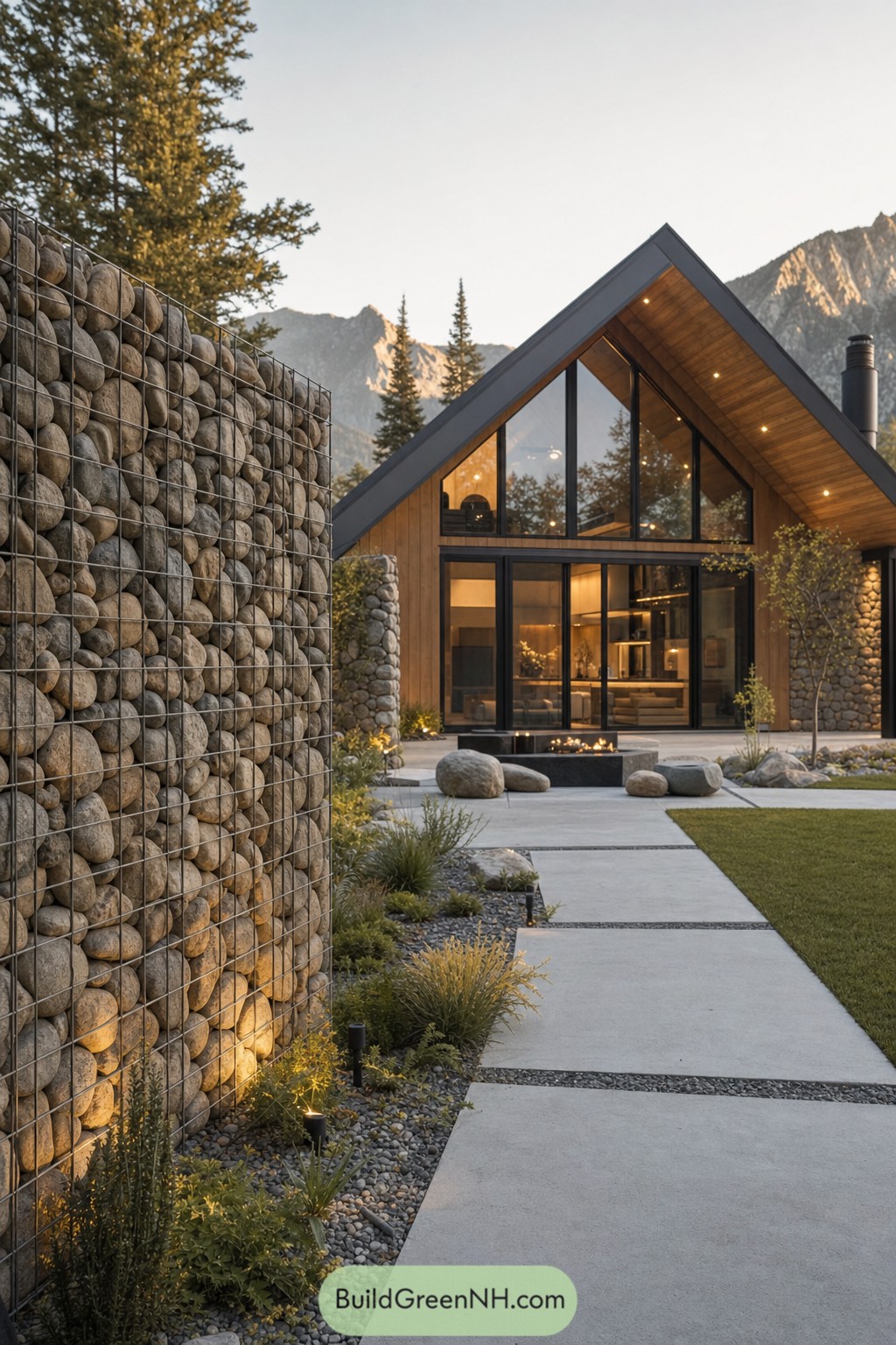 Modern gable cabin with gabion wall and stone courtyard