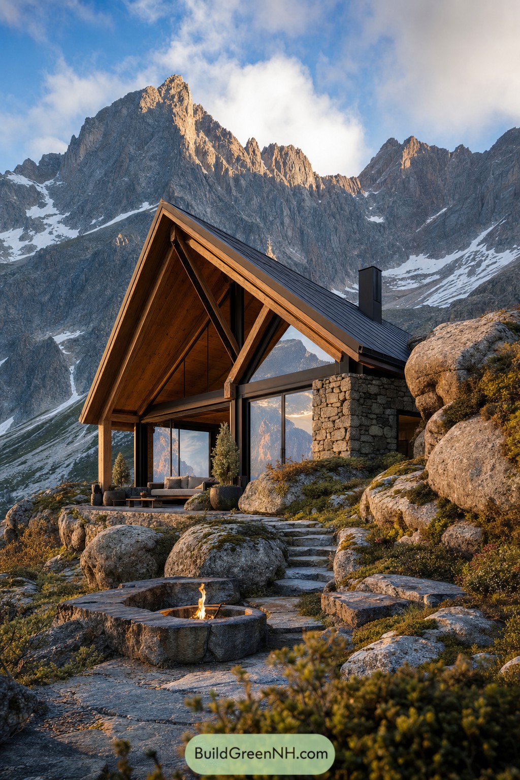 Timber cabin nestled among alpine boulders beneath jagged peaks