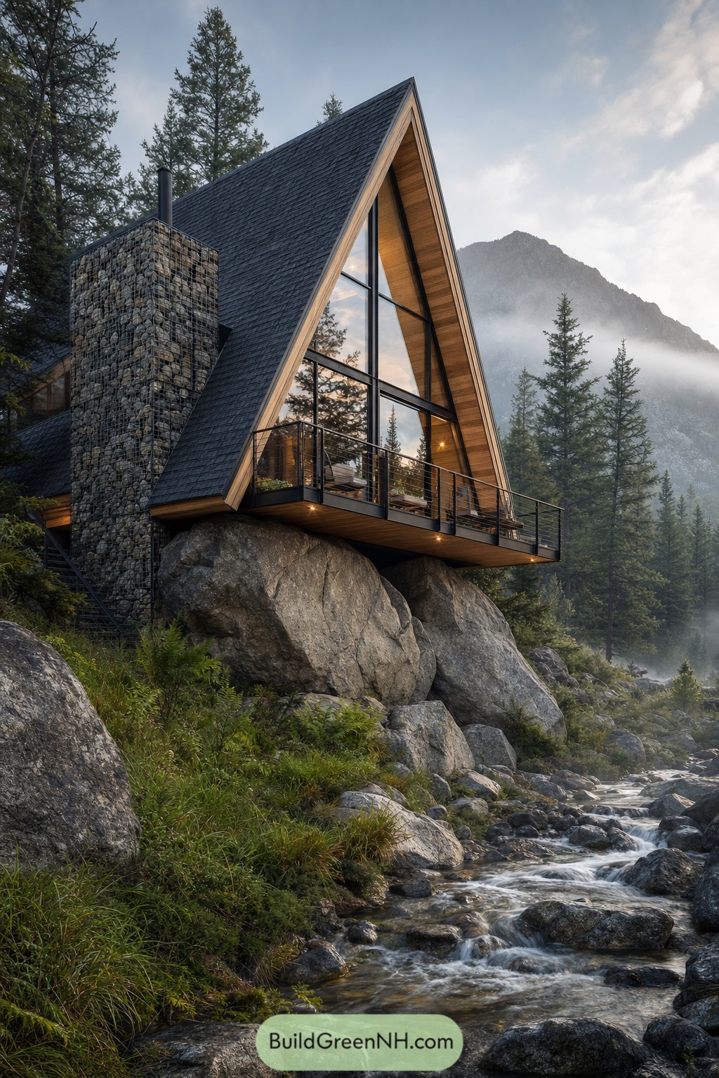 A glazed A frame cabin perched on boulders above a forest stream