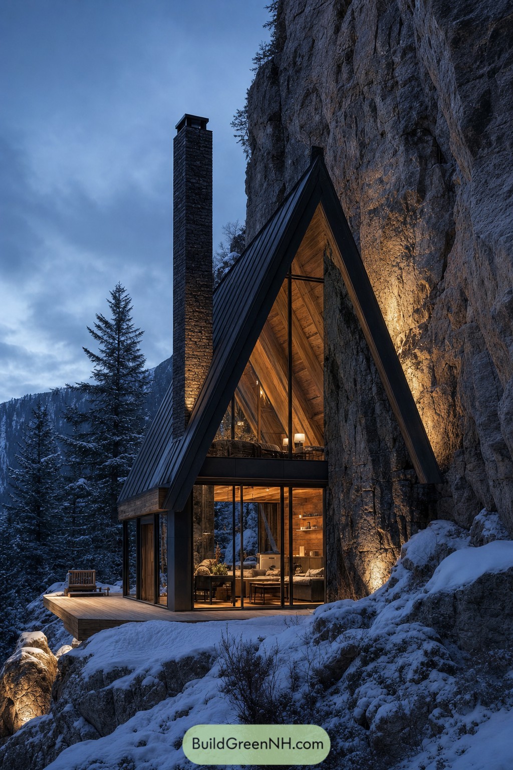 Black gabled cabin nestled against a snowy rock cliff