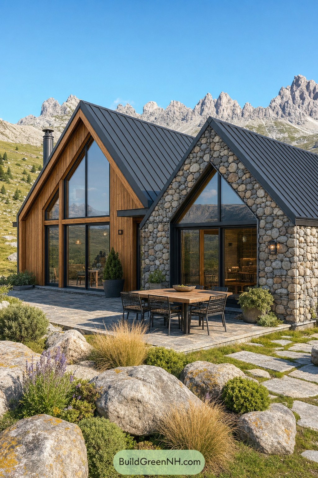 Stone and timber cabin with twin gables beneath jagged peaks