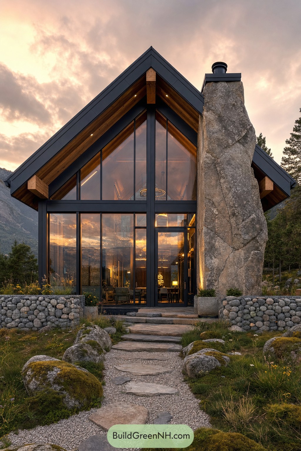 Glass gable cabin with a towering natural stone chimney