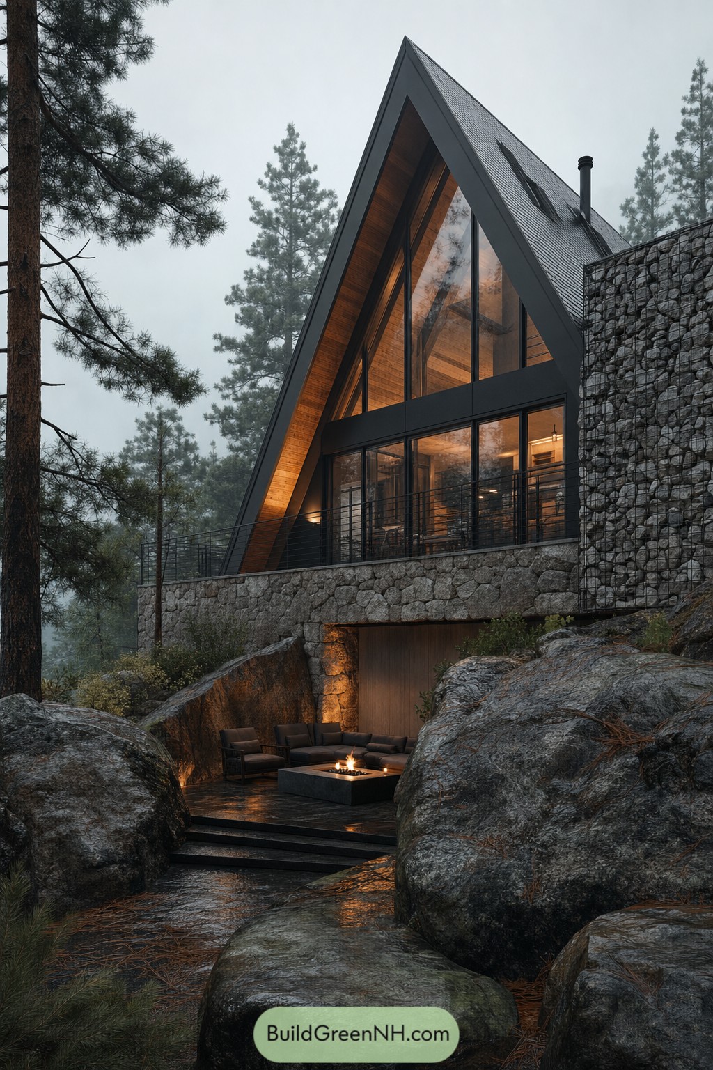 A-frame cabin nestled between forest boulders with a sunken fire patio