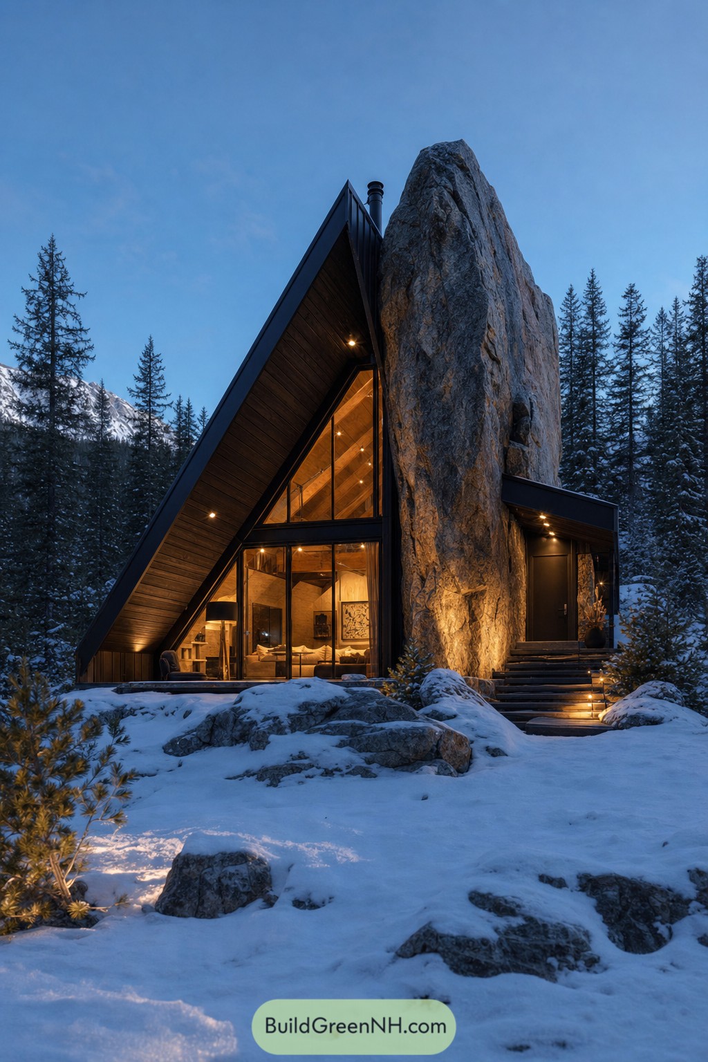 A-frame cabin built beside towering granite boulder in snow