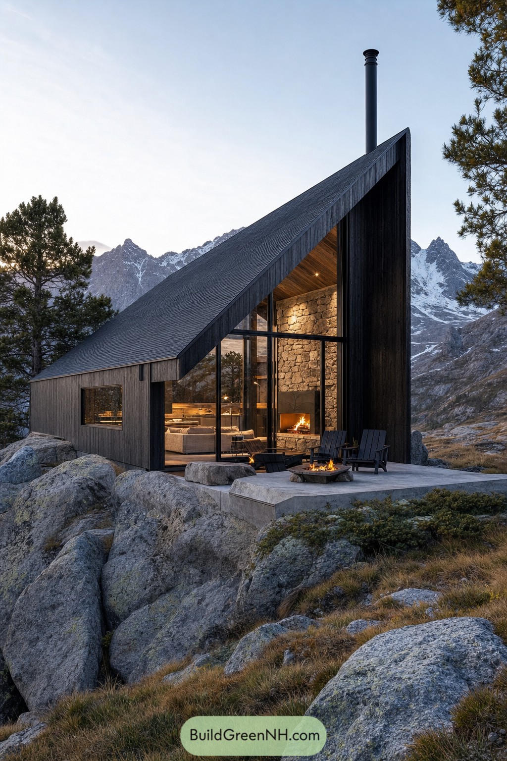 Black timber cabin with steep roof among alpine boulders