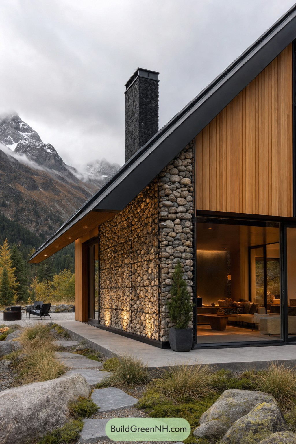 Modern cabin with a rounded stone wall beneath a steep roof