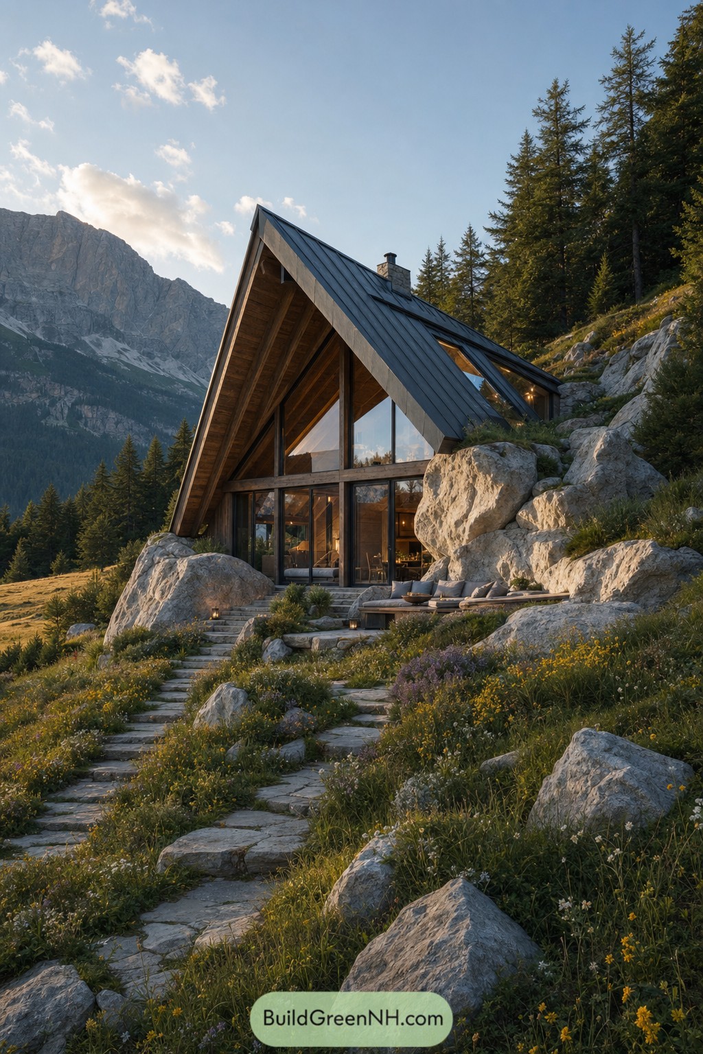 A steep roof cabin nestled among mountain boulders