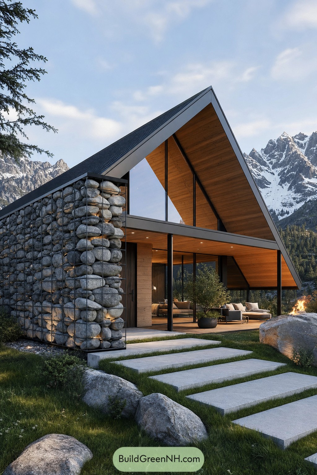 Modern A frame cabin with gabion stone wall and mountain views