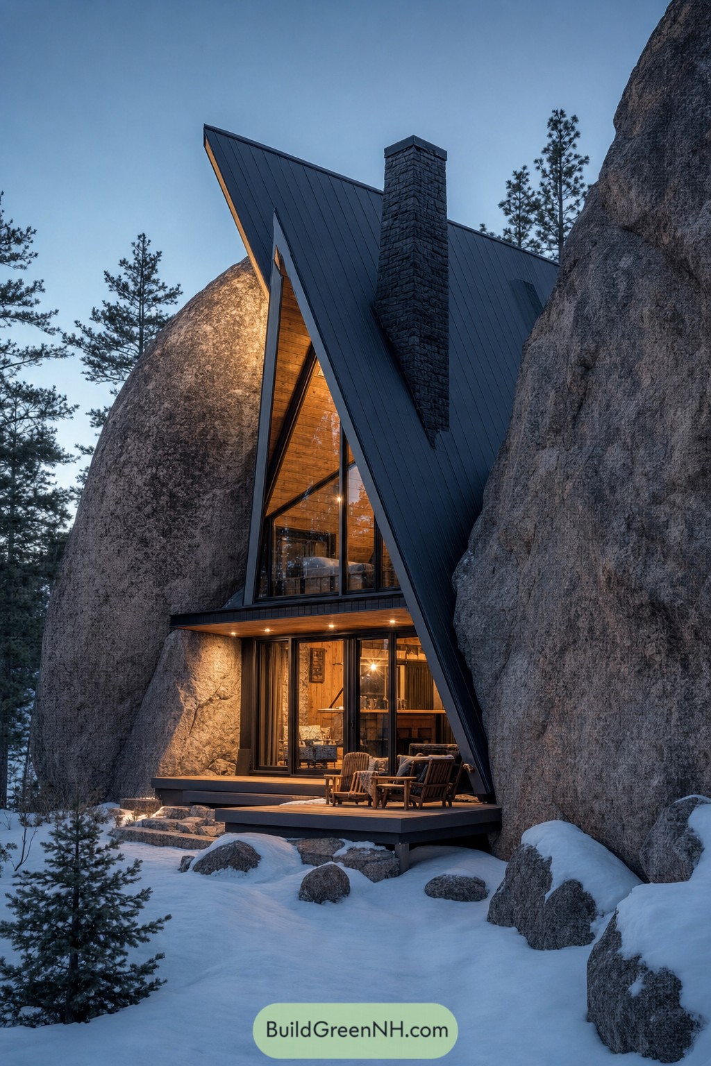 Angular cabin nestled between towering granite boulders