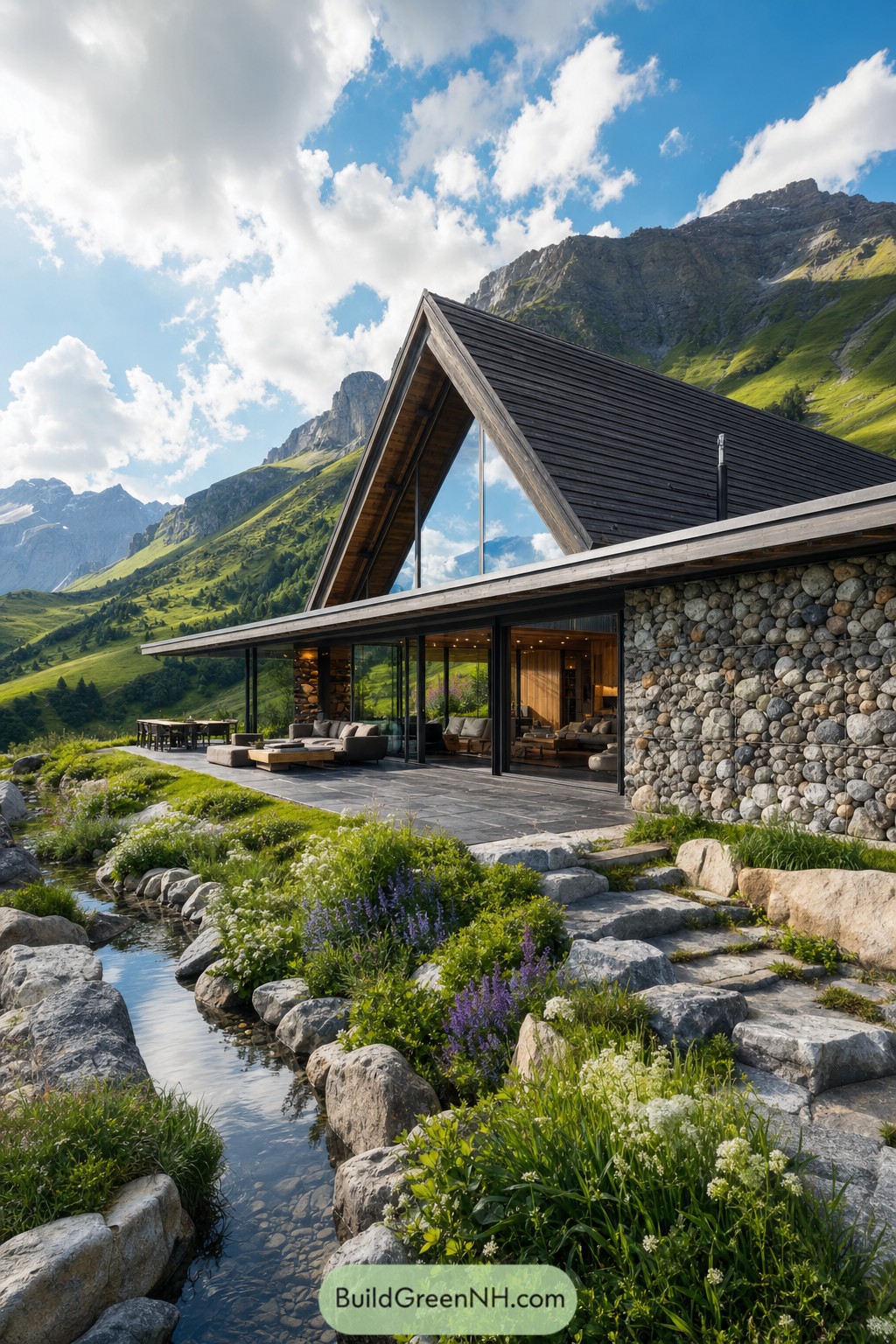 Modern cabin with rounded stone wall beside alpine stream