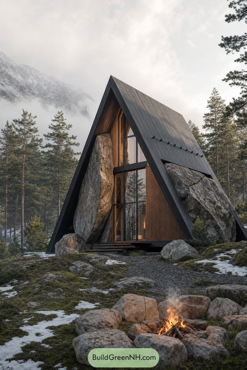 A dark A frame cabin wraps around two towering boulders beside a forest campfire