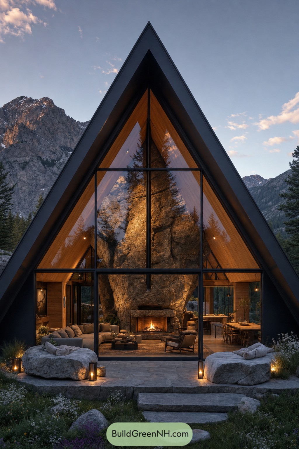 Glass-fronted A-frame cabin with a giant rock fireplace