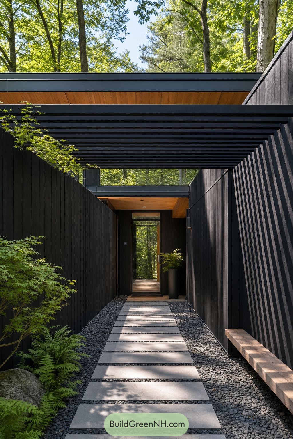 Black privacy walls and overhead slats frame a forest cabin entrance
