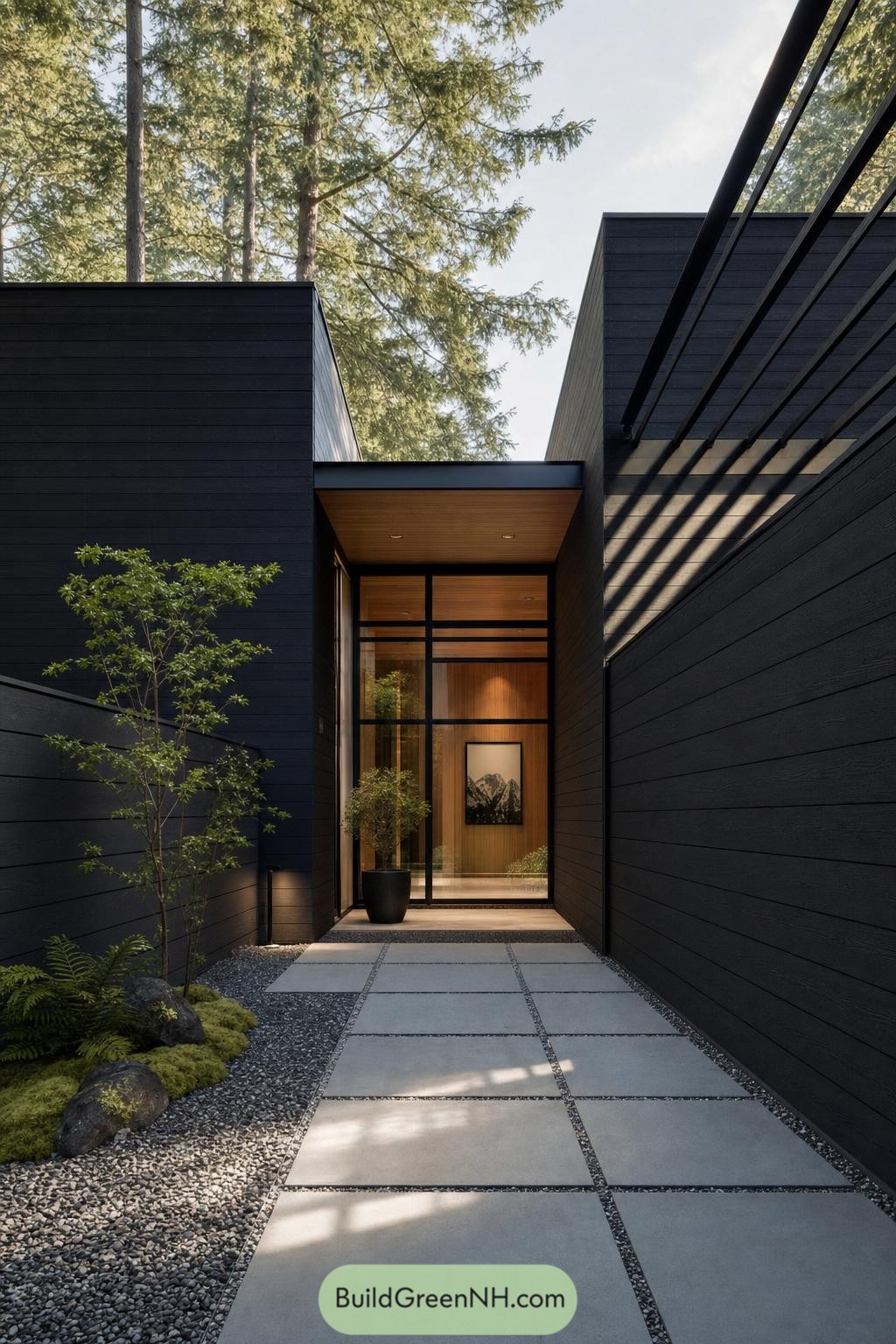 Black timber privacy walls frame a glazed cabin entrance beneath a slatted canopy