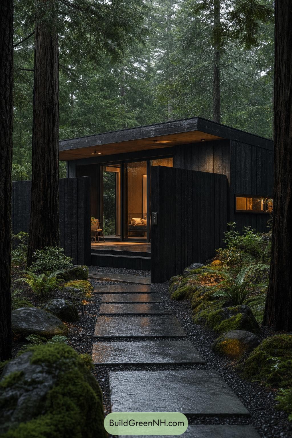 Black timber cabin with tall privacy screens in a rain-soaked forest