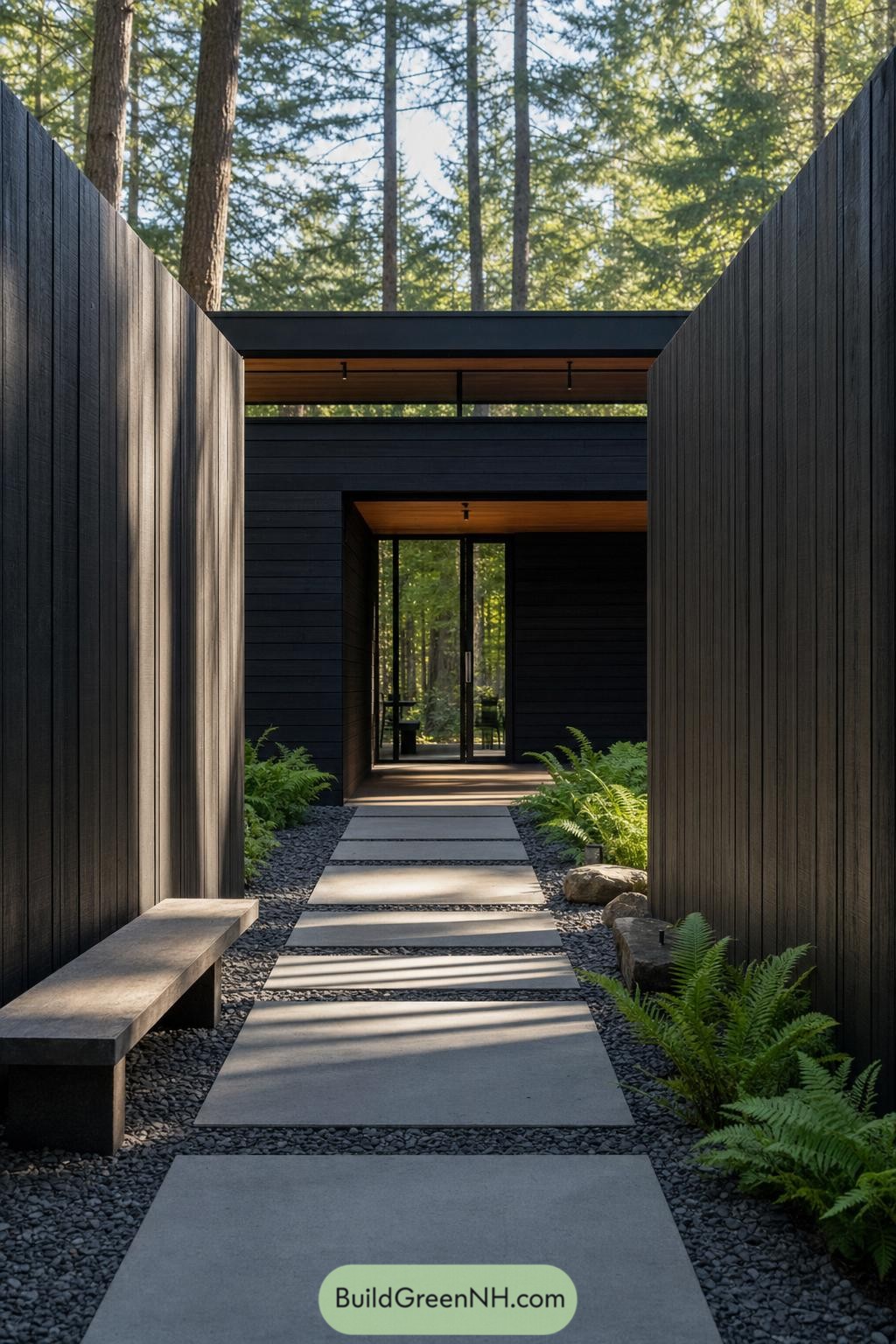 Black timber privacy walls frame a stone path to a forest cabin entrance