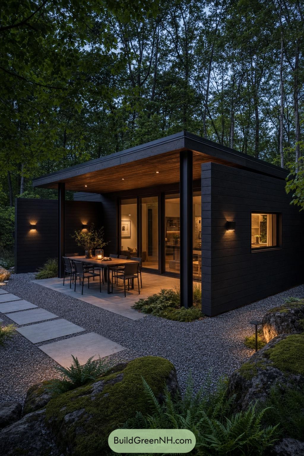 Black timber cabin with a sheltered patio and privacy walls