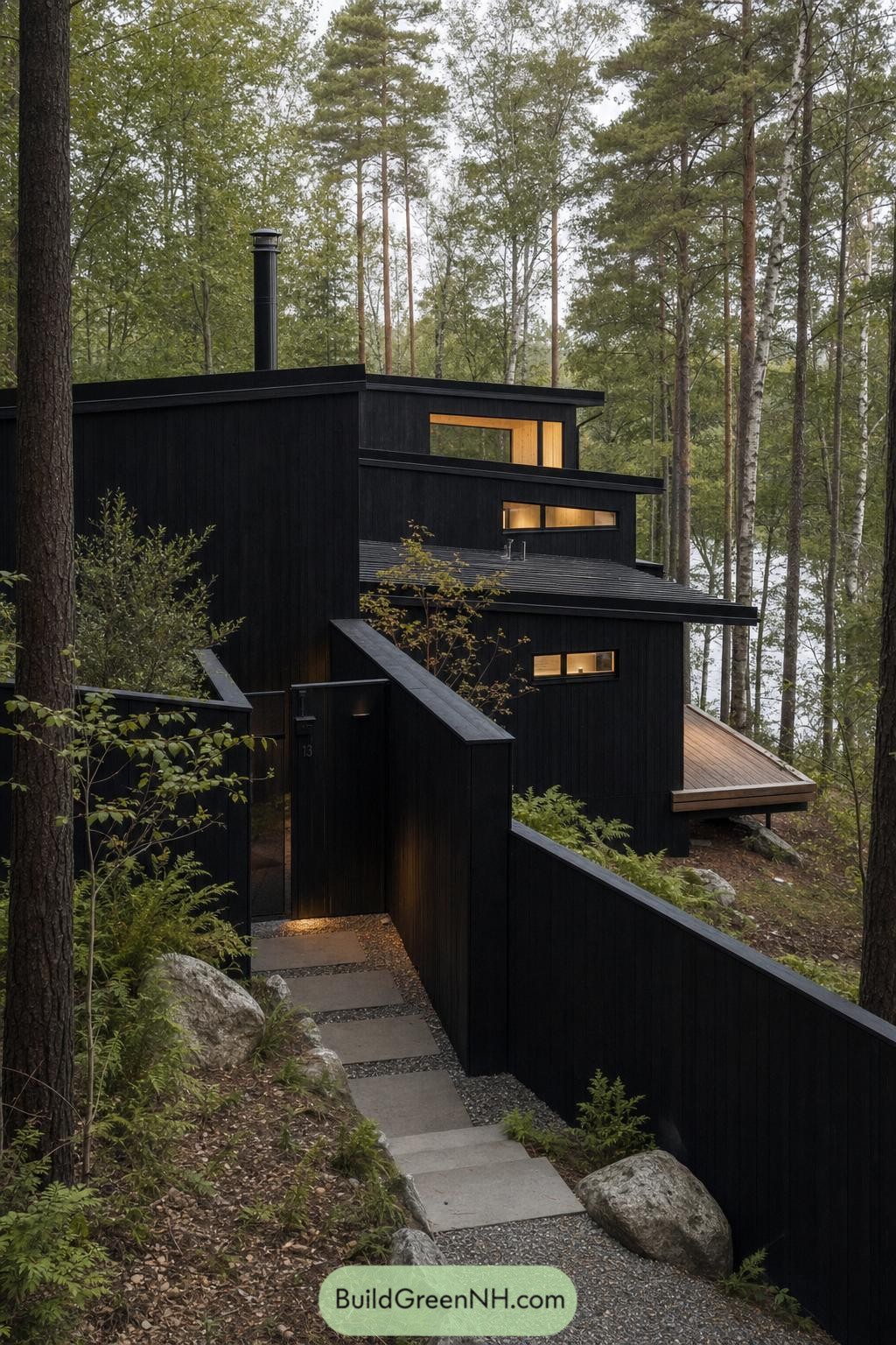 Black timber cabin with a walled stone path in pine forest