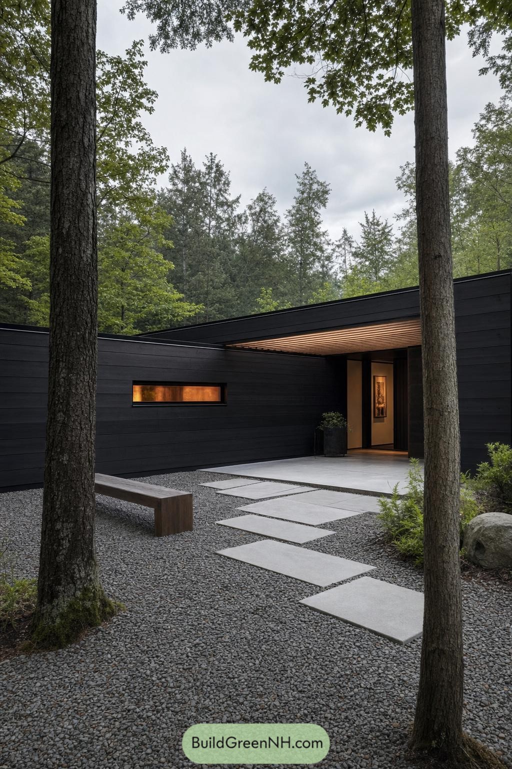 Charcoal cabin entry with a gravel courtyard and stone path
