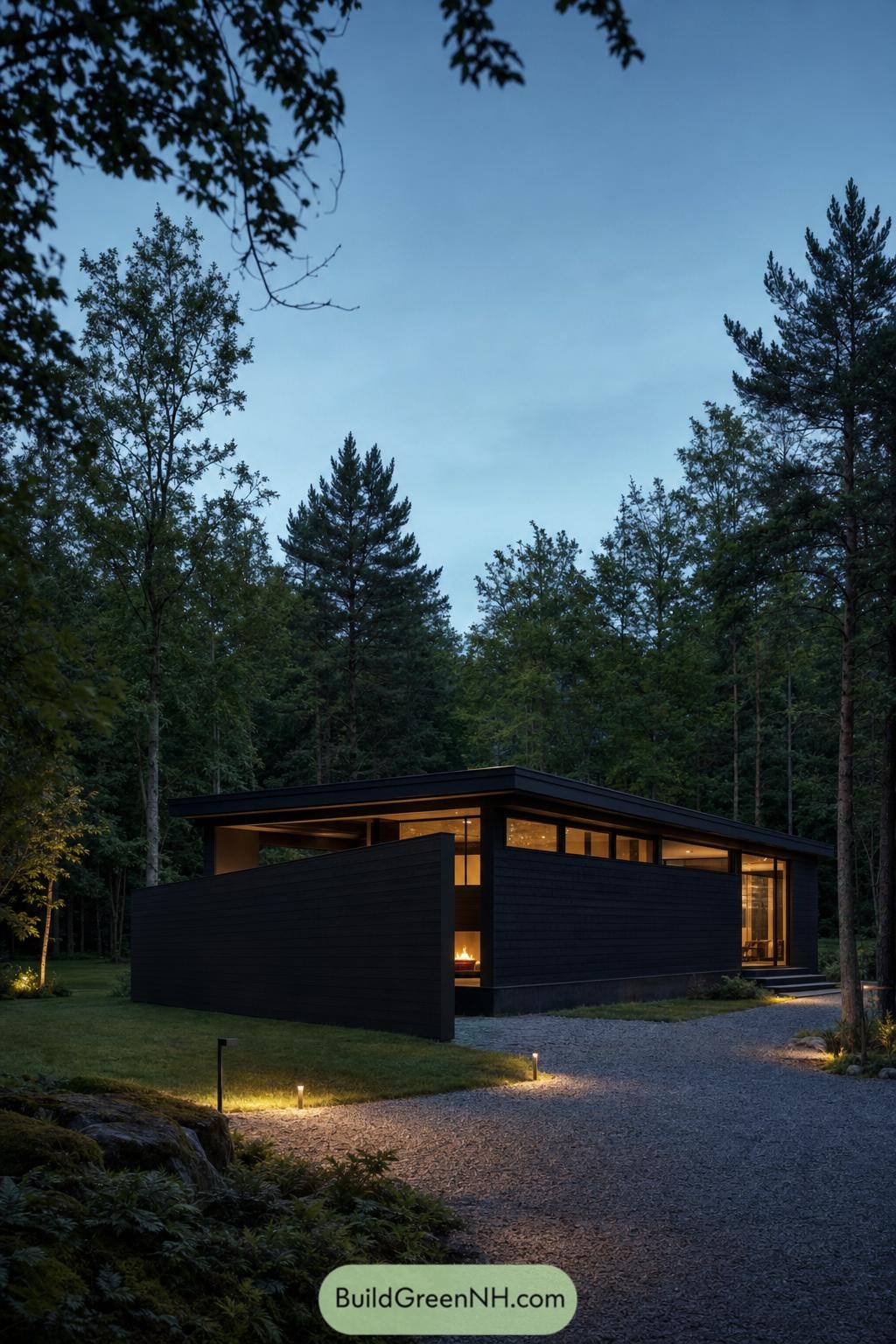 Black cabin with a privacy wall beside a wooded gravel path at dusk