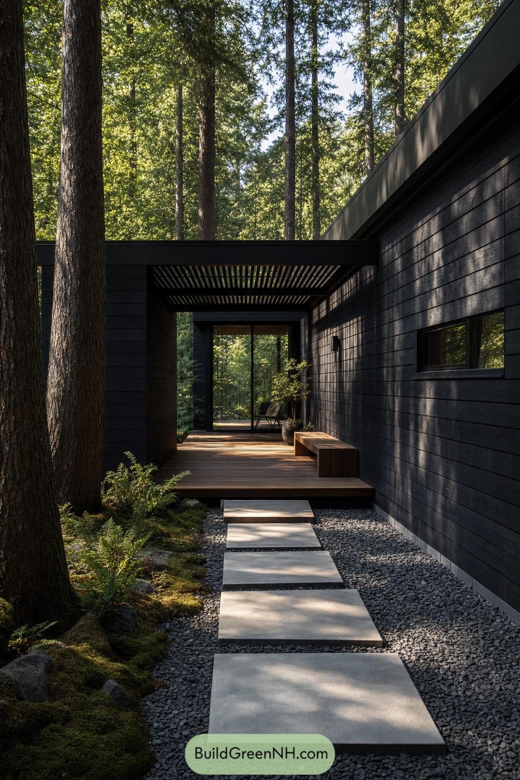 Black timber cabin corridor with pergola and stepping-stone path