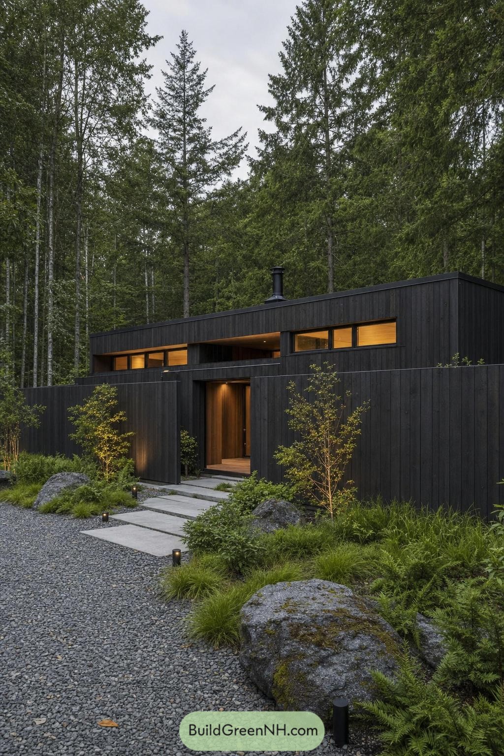 Black timber cabin with a sheltered entry court among birch trees