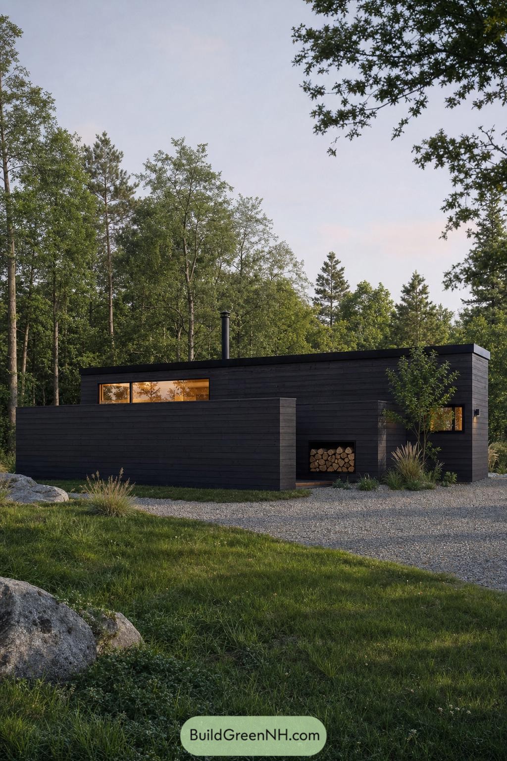 Black timber cabin with a privacy wall and wood storage niche