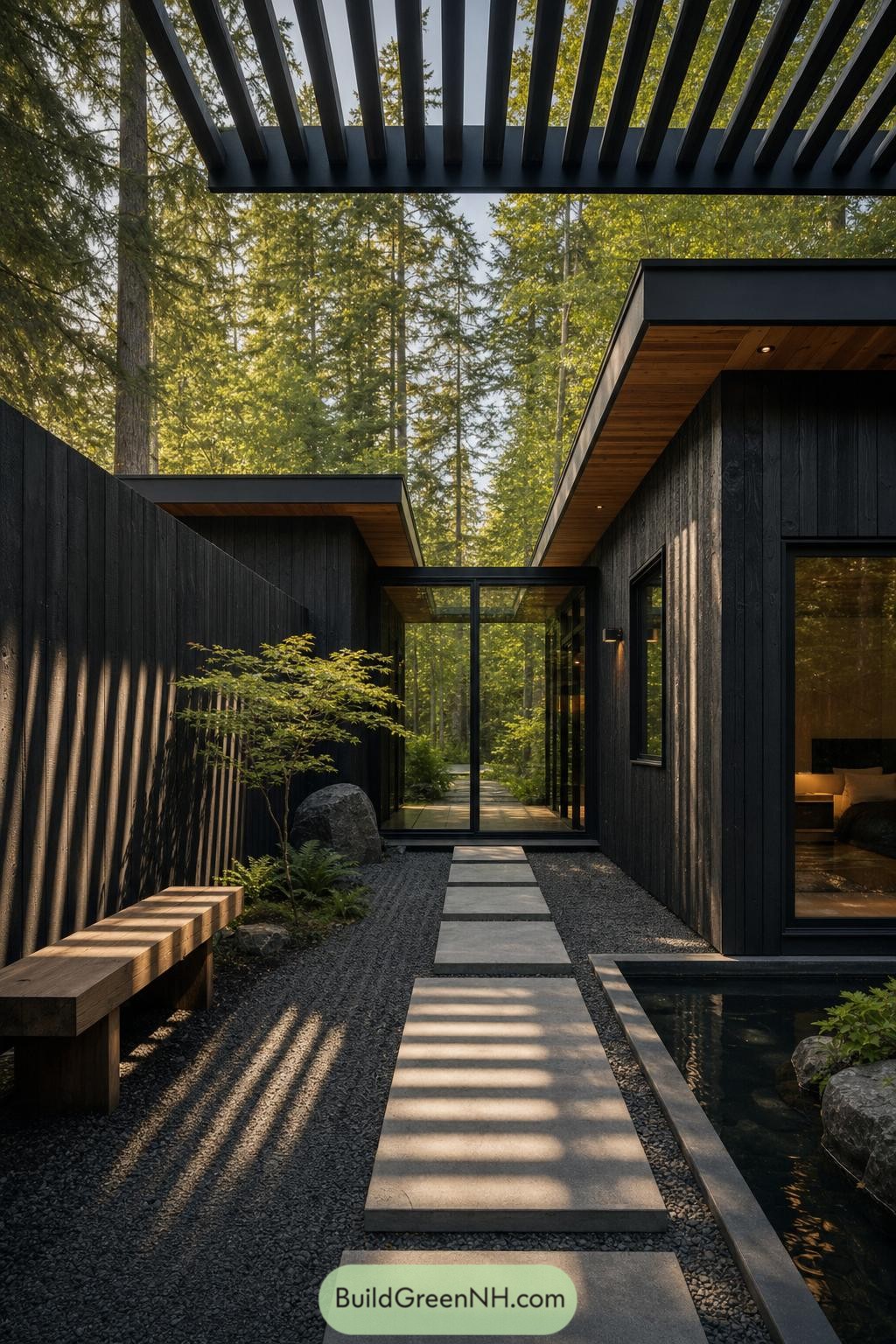 Black timber cabin courtyard with pergola privacy wall and stepping stones