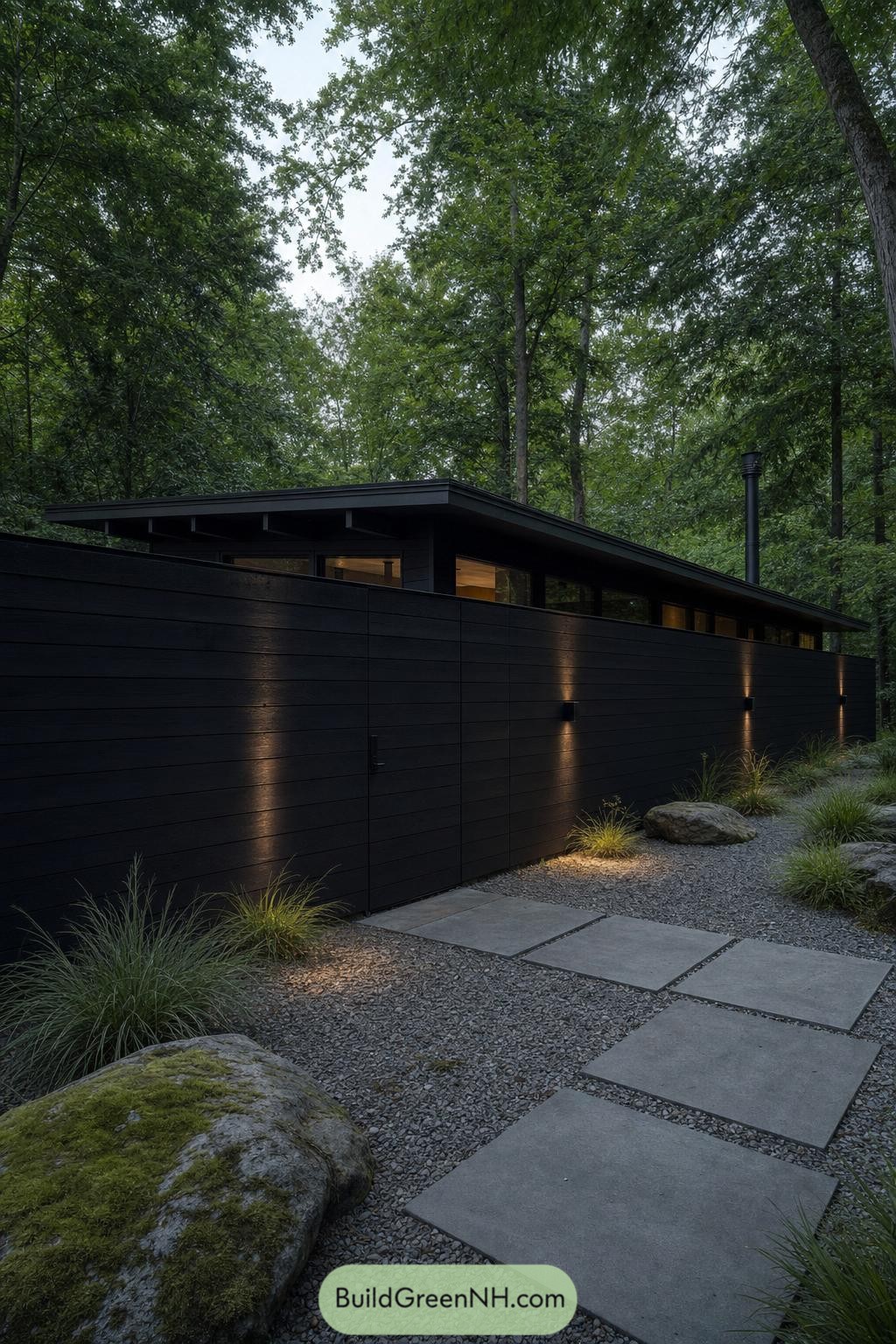 Black privacy wall with concealed door beside a wooded cabin