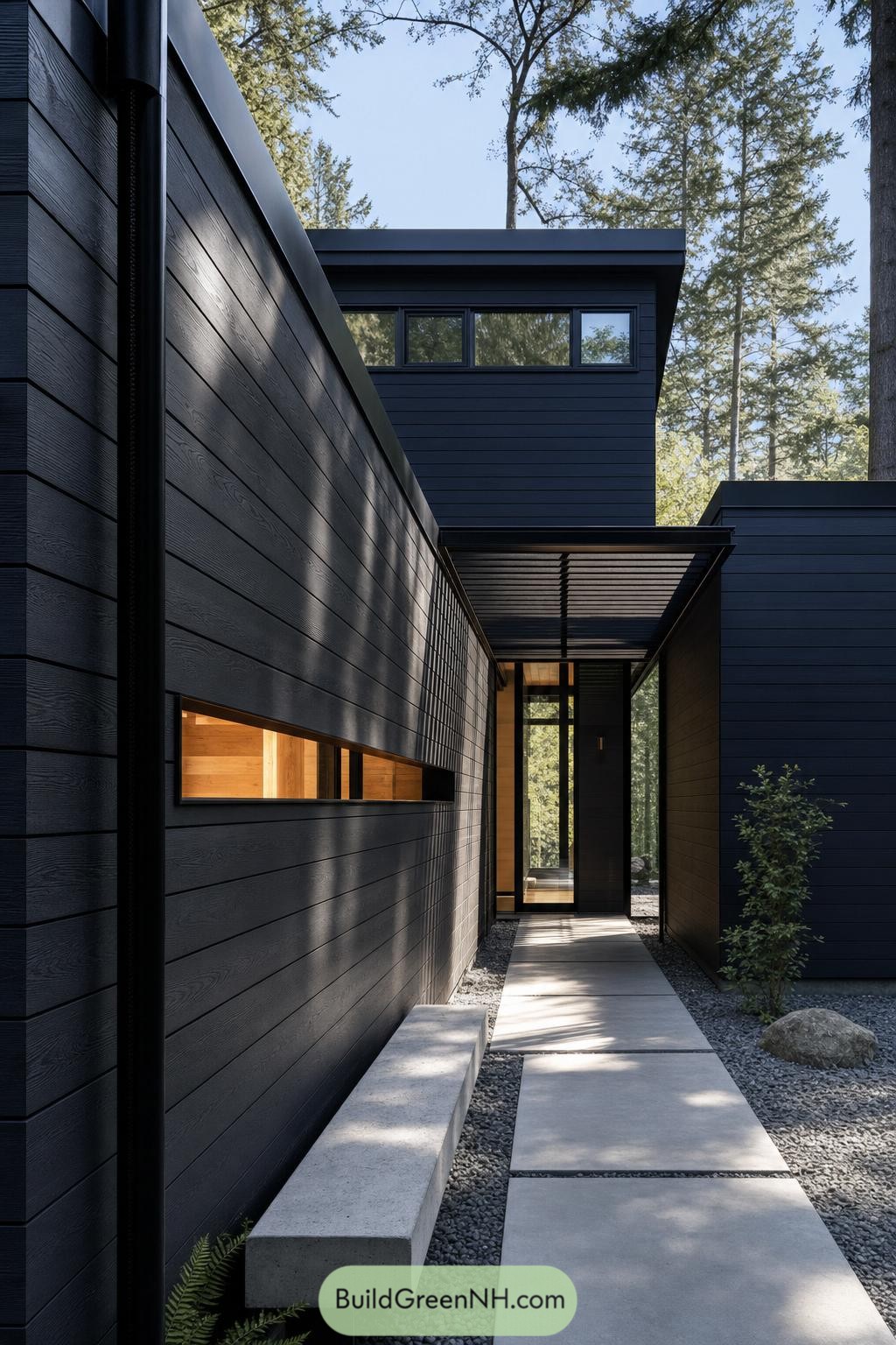 Black timber cabin with a screened entry walkway