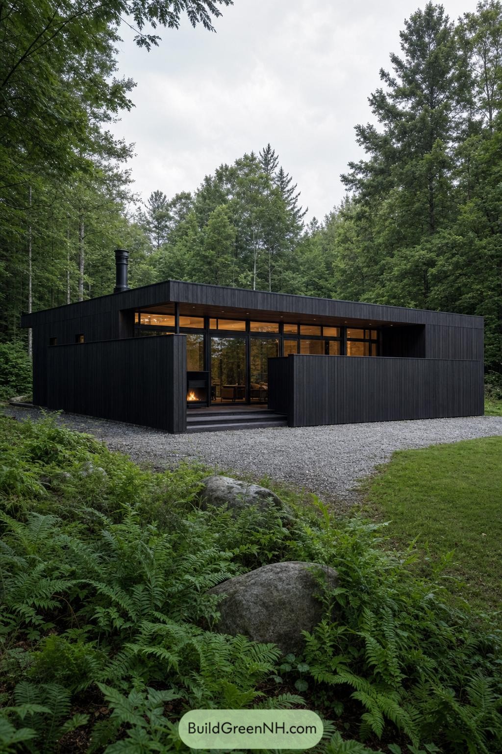 Black timber cabin with a sheltered entry screen in dense woodland