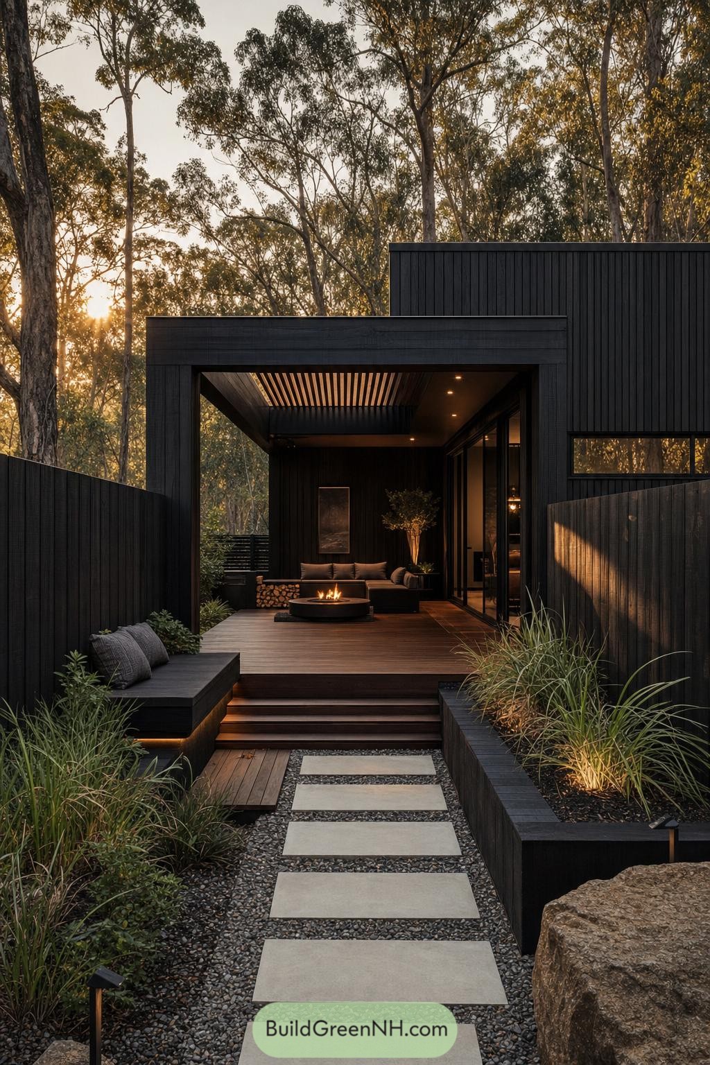Black timber cabin with a secluded fire pit courtyard among eucalyptus trees