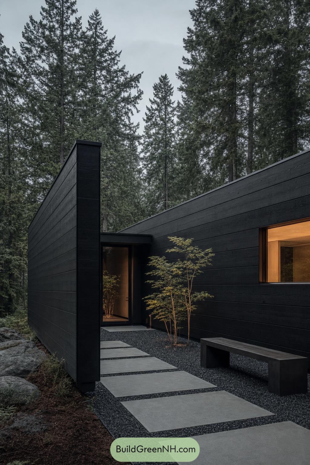 Black timber cabin with a tall privacy wall among pines