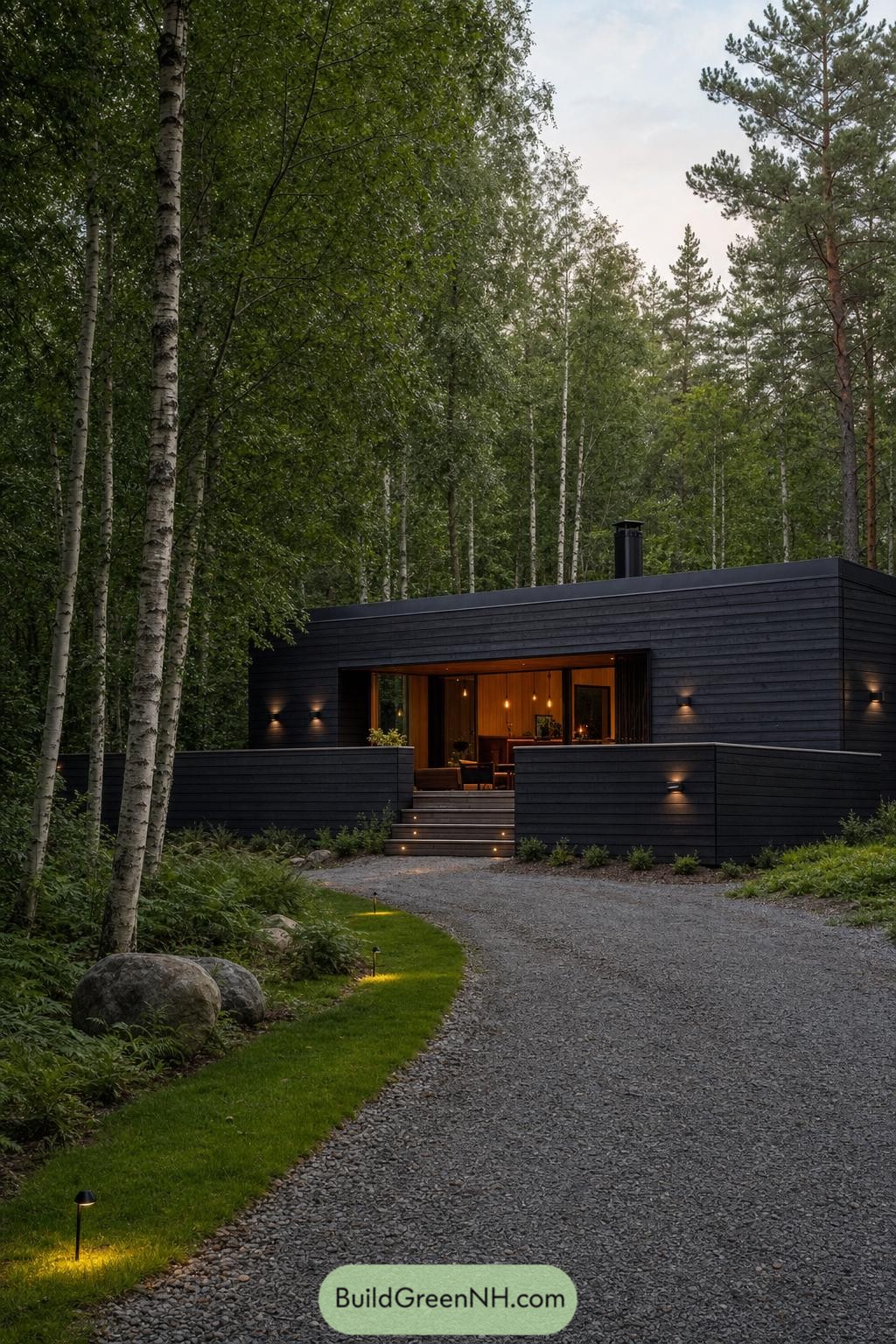 Black timber cabin with private entry walls among birch trees