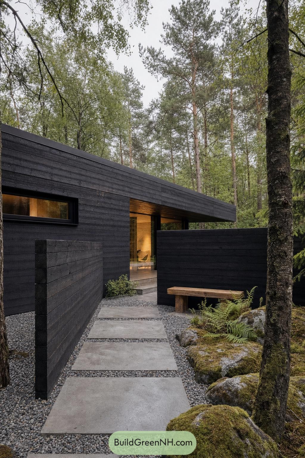 Black timber cabin with privacy walls nestled among trees