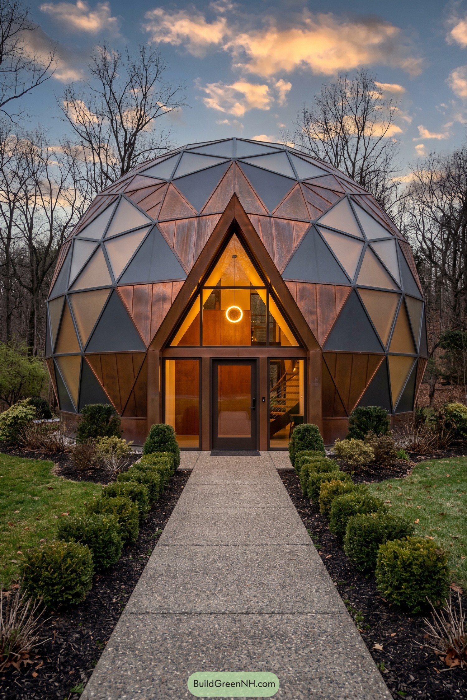 Geodesic dome home with a glowing triangular entry
