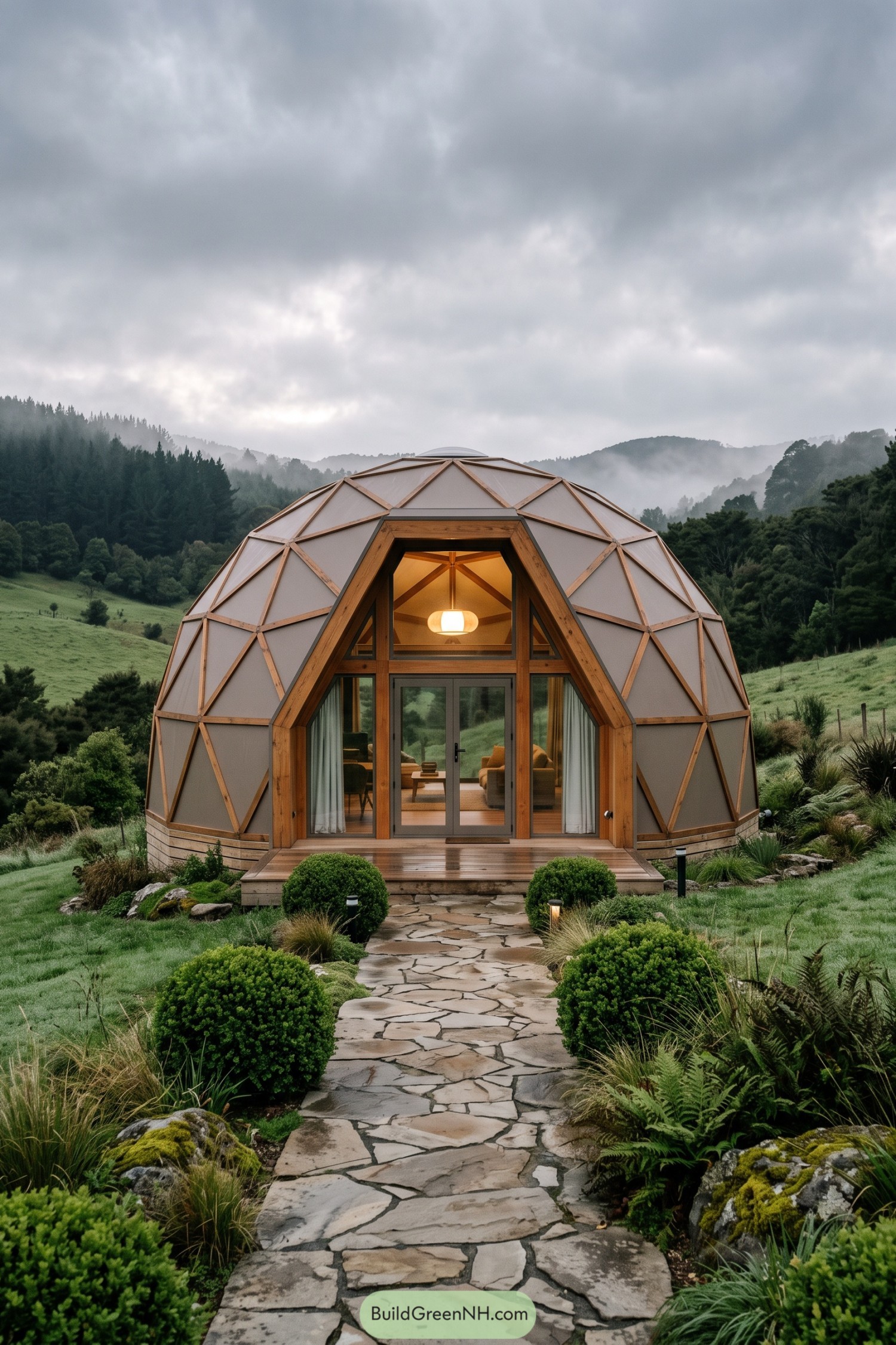 Timber-framed geodesic dome in a misty green valley