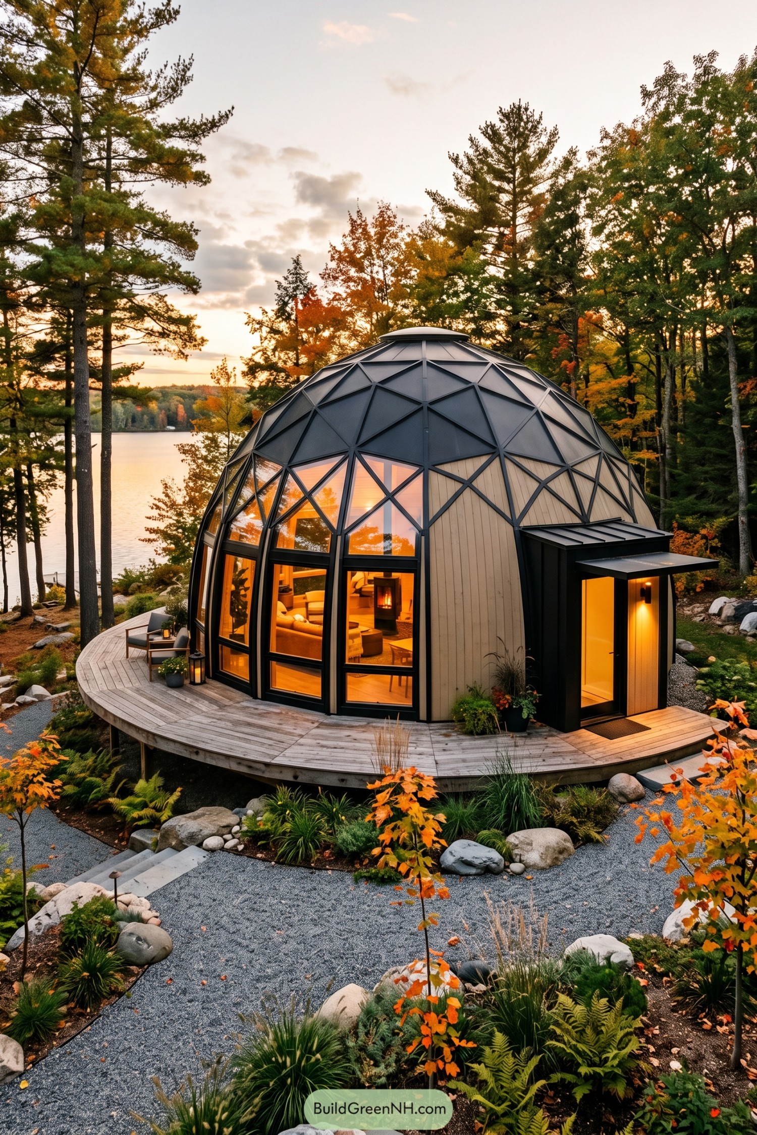Black-framed geodesic dome beside an autumn lake