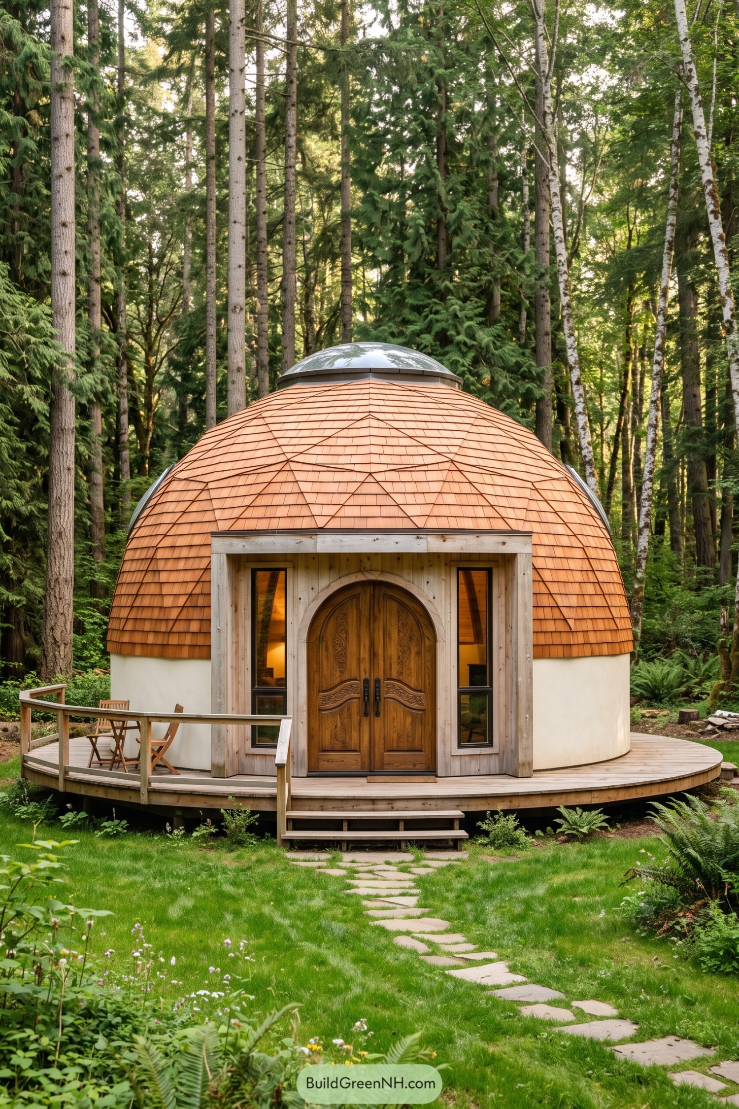 Cedar-clad dome house with arched entry in forest
