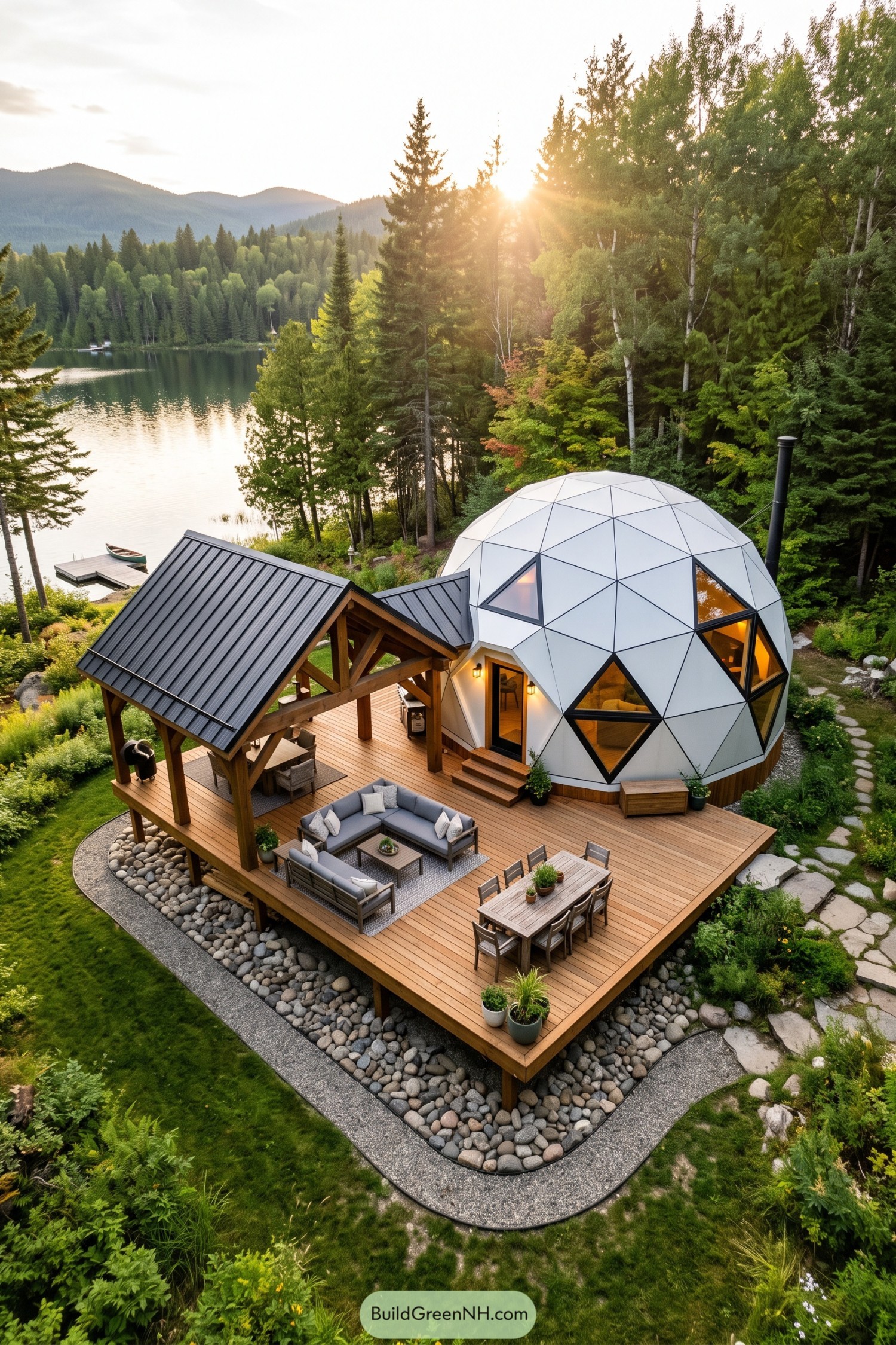 White geodesic dome with timber deck beside a forest lake