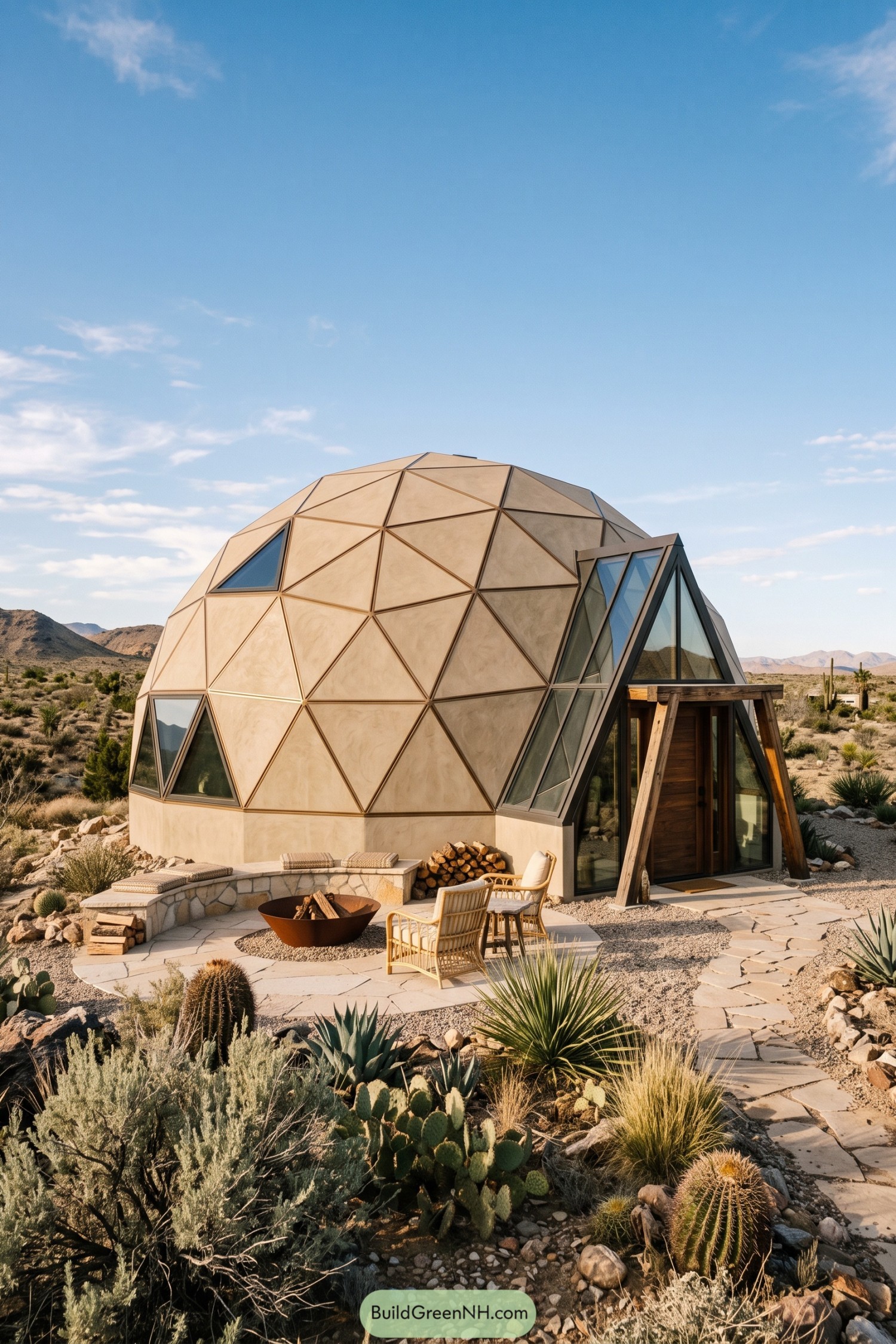 Faceted desert dome with glazed entry porch and fire patio