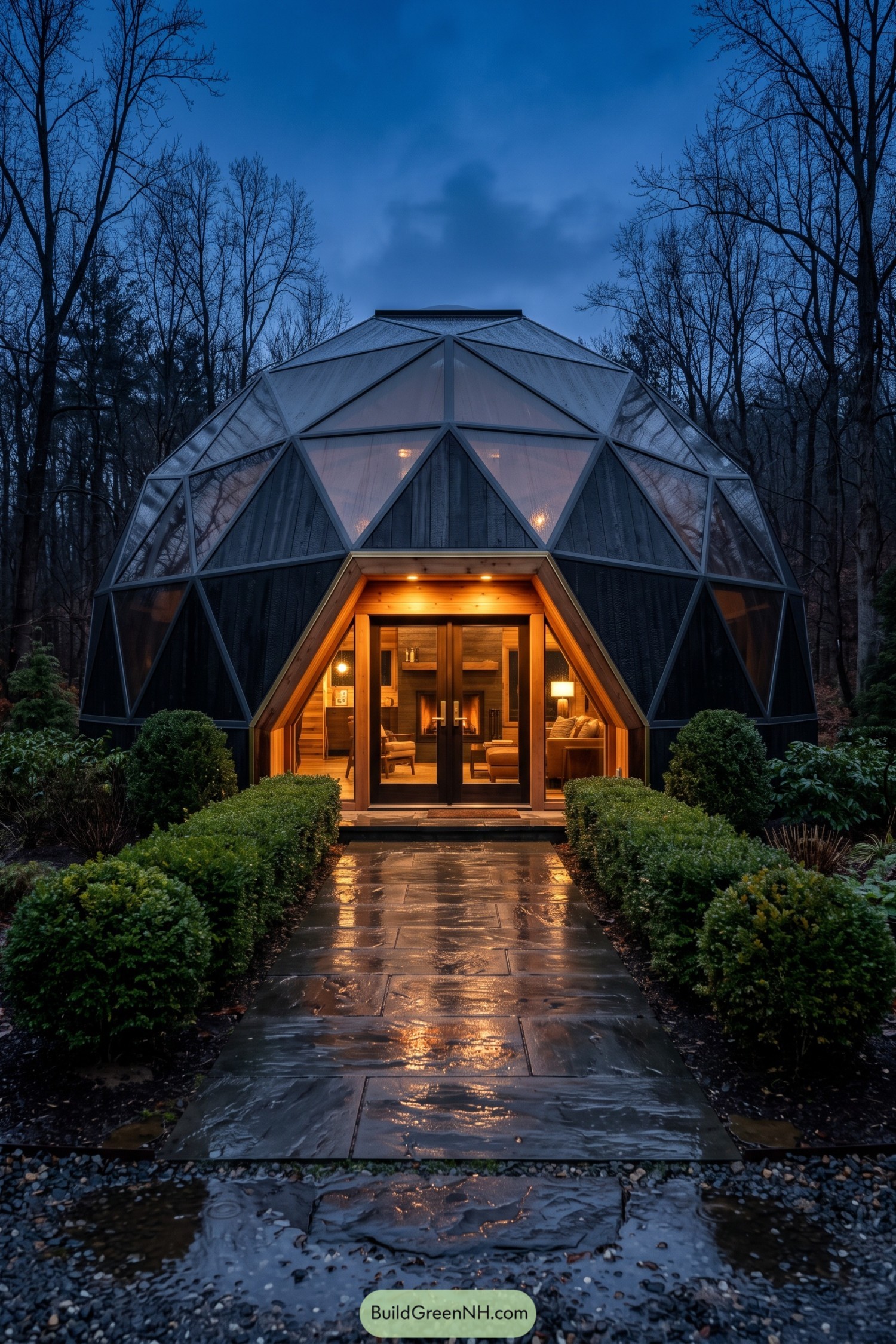 Dark geodesic dome with a glowing timber entry in rainy woods